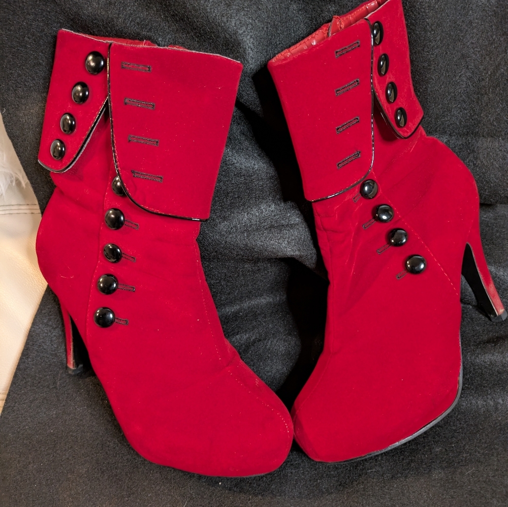 Red Velvet Platform Ankle Boots with black trim and buttons. Sz 39 or US 8